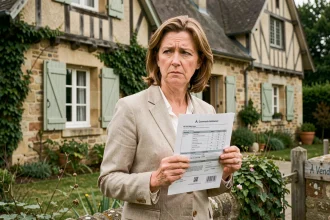 Femme tenant une annonce immobilière devant une maison normande à vendre dans le Calvados lors d'un divorce