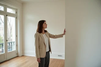 Femme réfléchissant dans une maison vide non meublée, envisageant une location immobilière