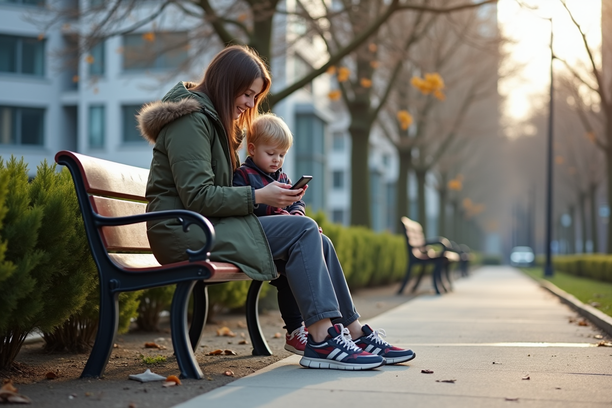 Maman avec enfant dans un parc regardant des annonces