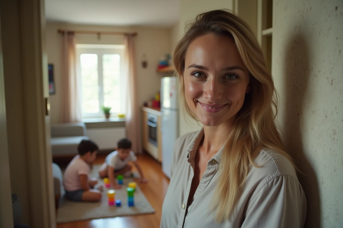 Maman et enfants jouant dans un appartement chaleureux