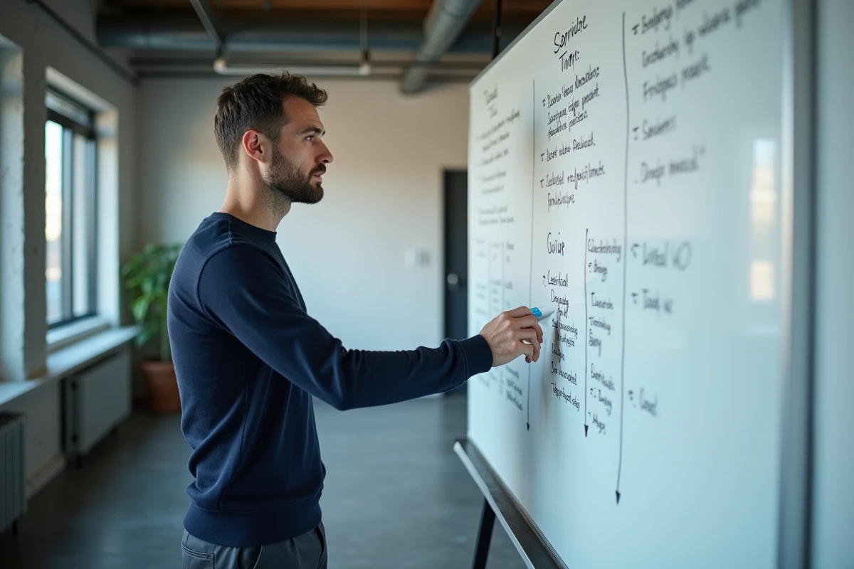 Manager analysant la cartographie des valeurs stratégiques d'une entreprise sur un tableau blanc en startup