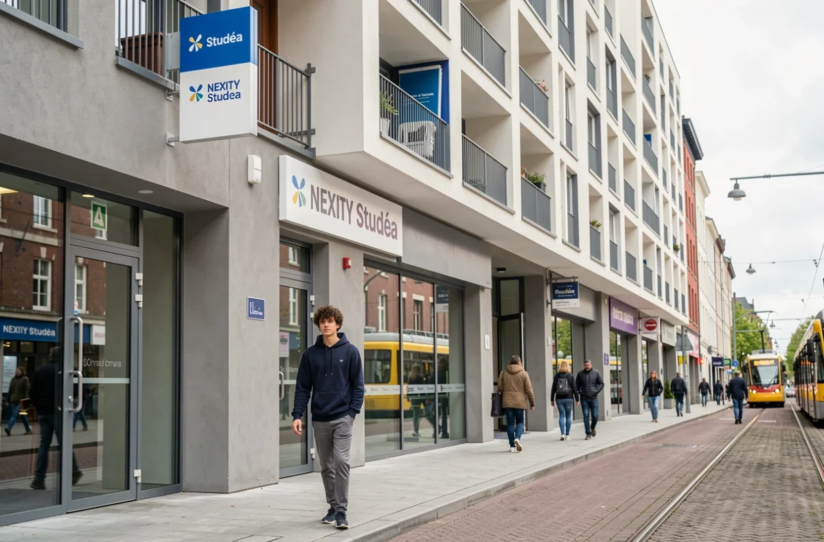 Façade moderne d'une résidence étudiante Nexity Studéa à Lille avec un étudiant à l'entrée