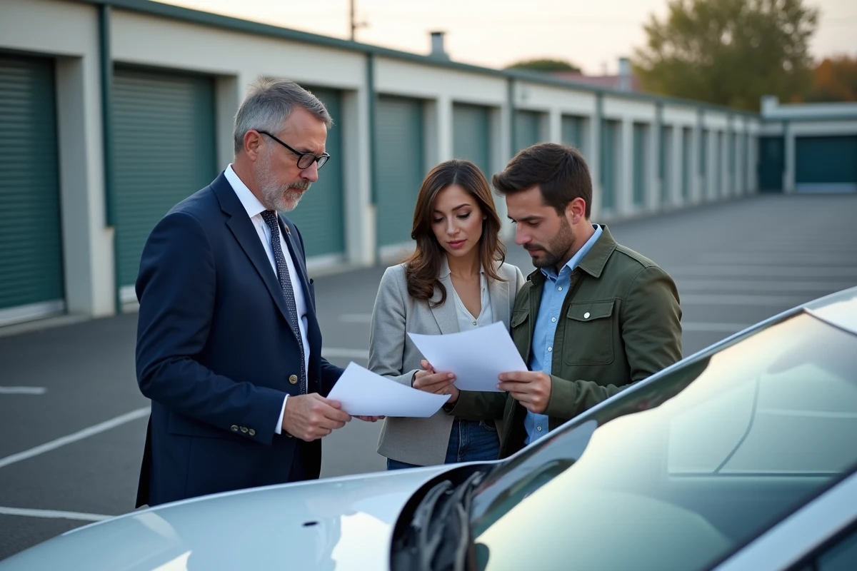 Notaire avec couple examinant documents sur voiture