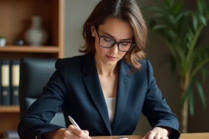 Notaire femme examinant un modèle pré état daté structuré dans un bureau professionnel moderne
