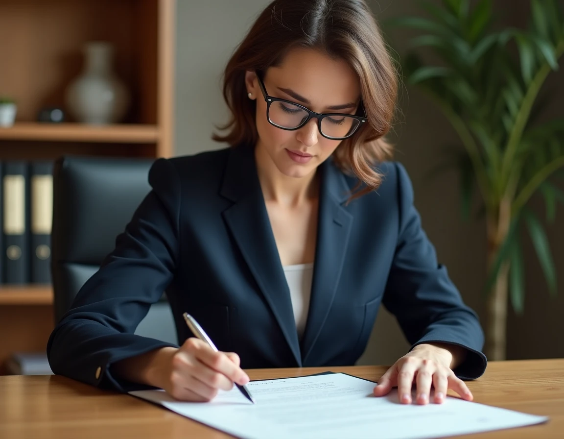Notaire femme examinant un modèle pré état daté structuré dans un bureau professionnel moderne