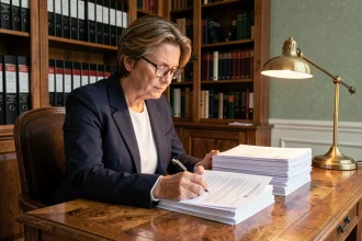 Notaire professionnelle examinant des documents de vente immobilière dans un bureau traditionnel