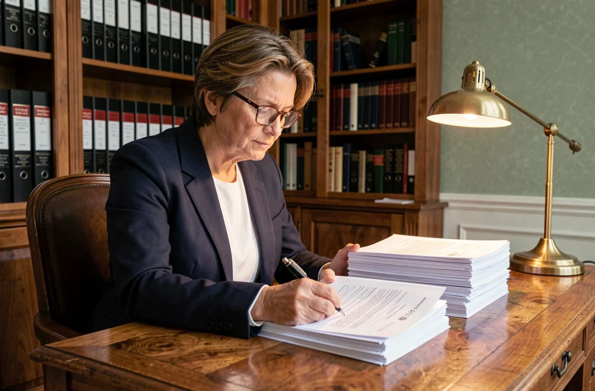 Notaire professionnelle examinant des documents de vente immobilière dans un bureau traditionnel