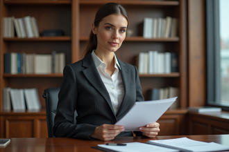 Femme en blazer dans un bureau notarial moderne