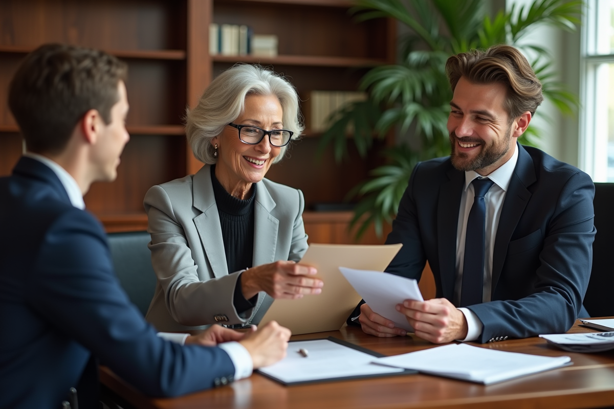 Notaire femme remet des clés à un jeune couple dans un bureau élégant