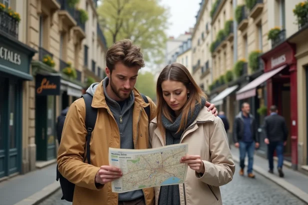 Couple de nouveaux arrivants consultant une carte du quartier Saint-Germain-en-Laye dans une rue pavée typique