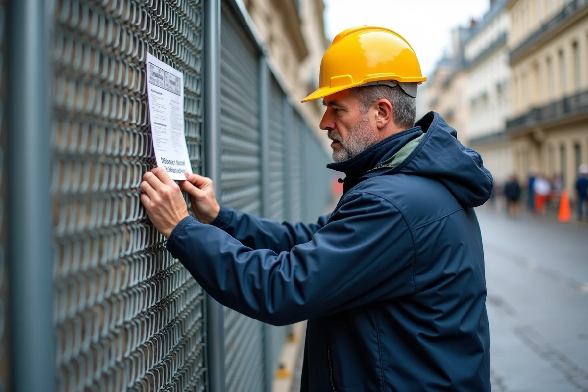 Ouvrier fixant un panneau de permis de construire sur une clôture de chantier urbain en France