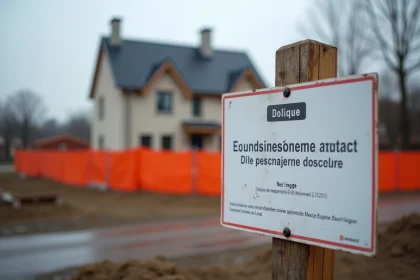 Panneau de permis de construire affiché sur un chantier résidentiel avec structure de maison en arrière-plan