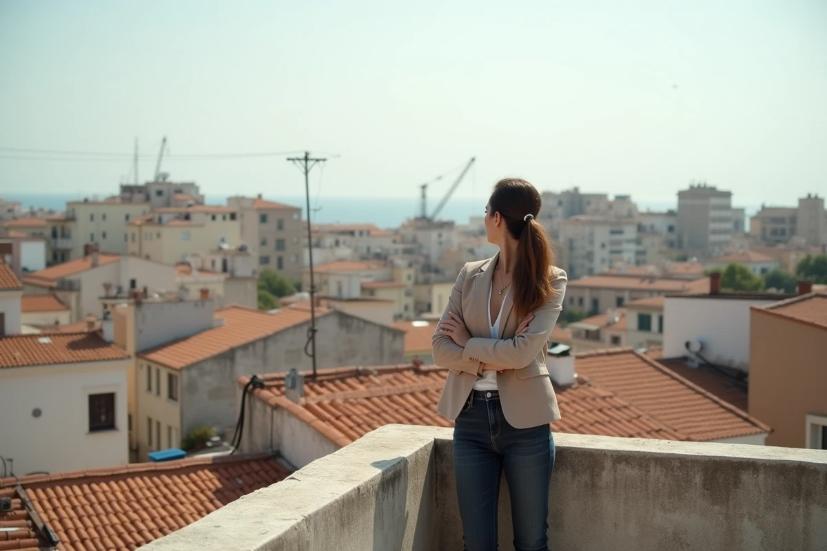 Femme observant le panorama urbain du 3ème arrondissement de Marseille depuis une terrasse, symbolisant la réflexion sur un investissement immobilier dans un quartier en mutation