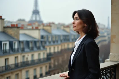 Femme parisienne en balcon haussmannien regardant la ville