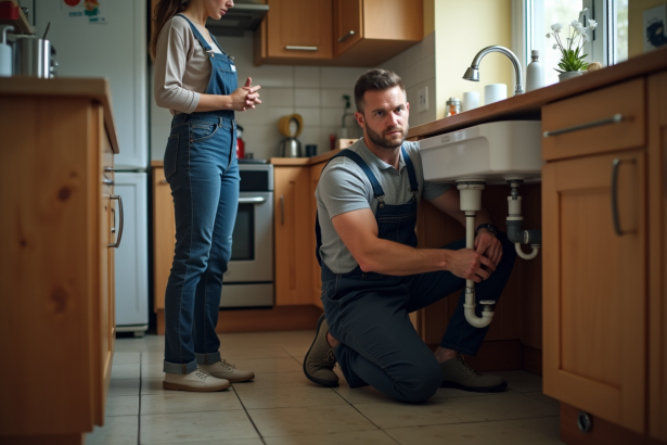Plombier homme en action sous un évier de cuisine