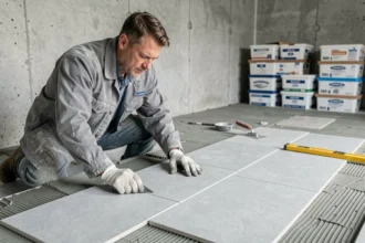 Ouvrier posant des dalles de béton dans un garage en rénovation, illustrant le coût de la main-d'œuvre au m²