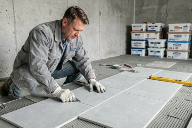 Ouvrier posant des dalles de béton dans un garage en rénovation, illustrant le coût de la main-d'œuvre au m²