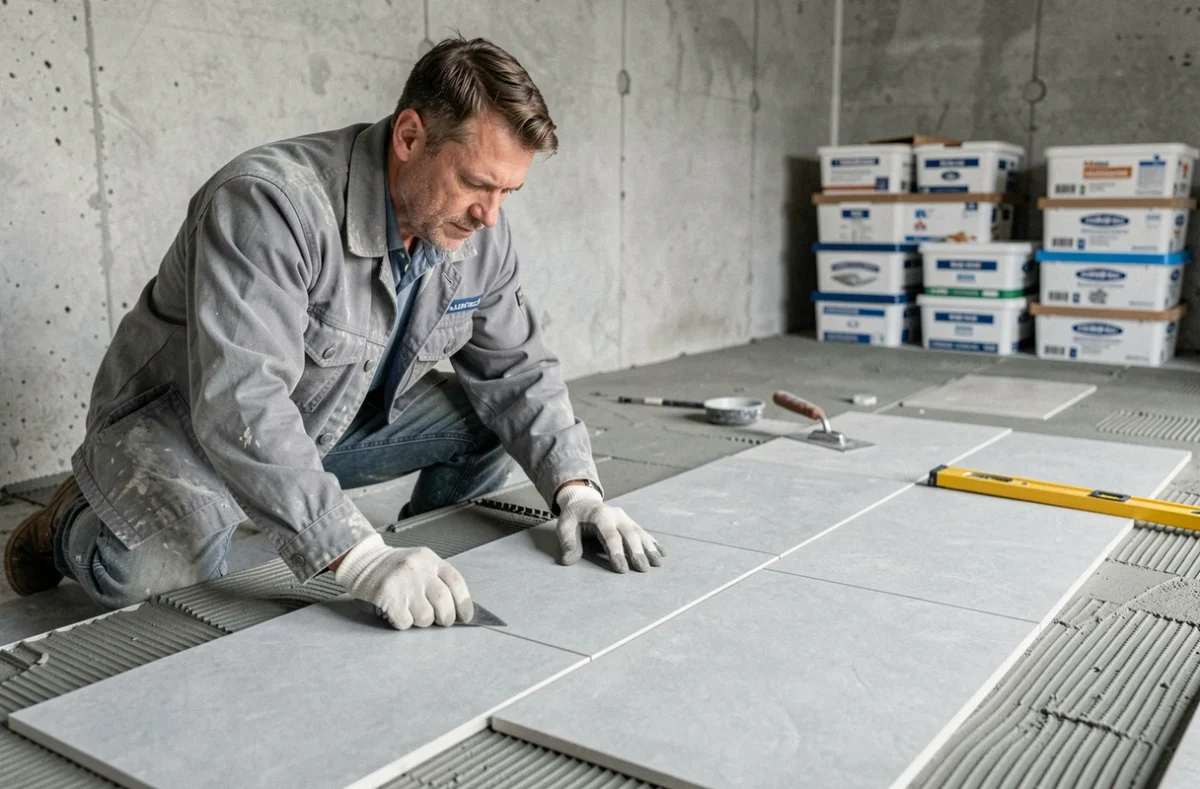 Ouvrier posant des dalles de béton dans un garage en rénovation, illustrant le coût de la main-d'œuvre au m²