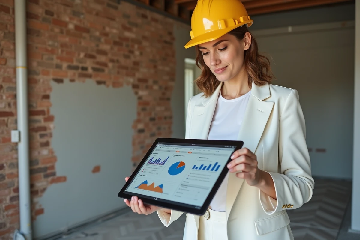 Professionnelle de la rénovation consultant des analyses de tendances sur tablette dans un appartement en cours de travaux