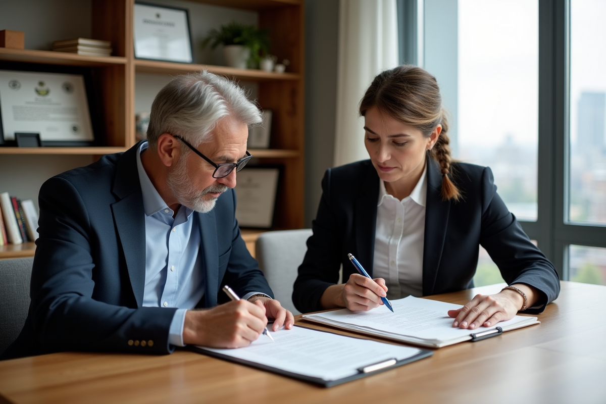 Couple d'affaires examinant des documents juridiques dans un bureau moderne