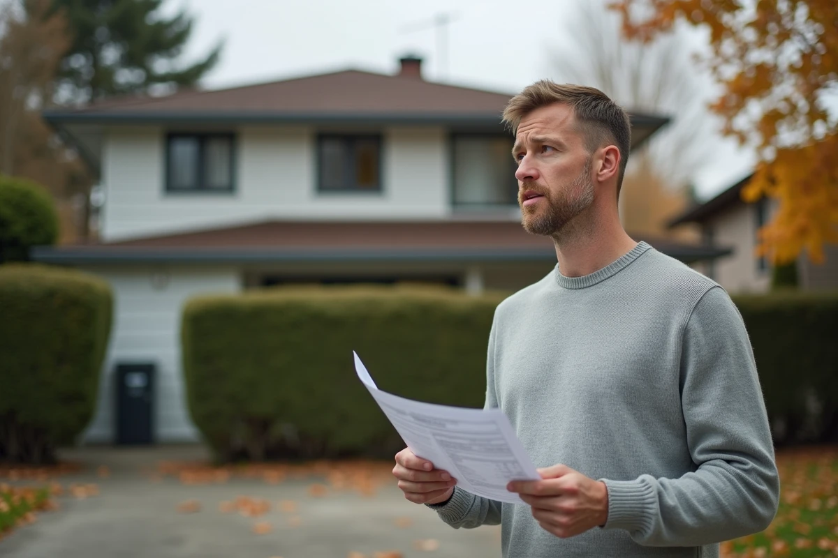 Propriétaire devant sa maison tenant une fiche d'estimation immobilière pour recadrer le prix de vente