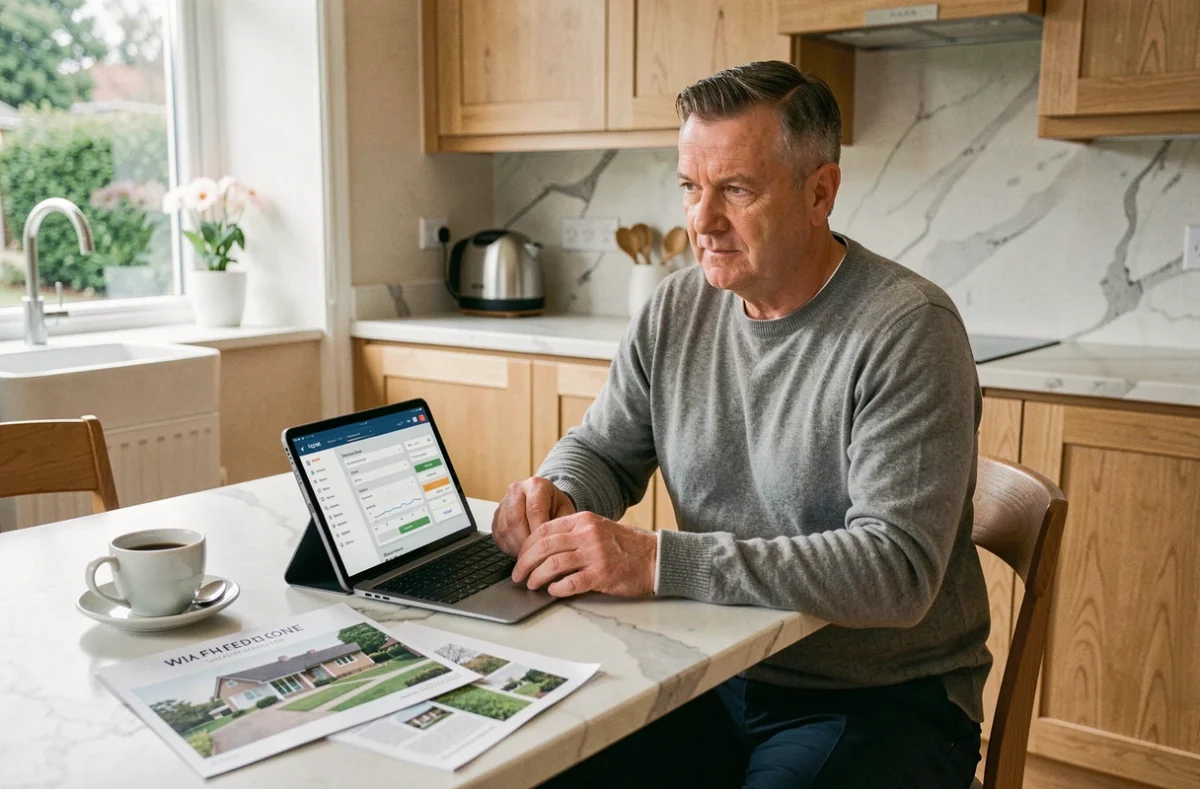 Propriétaire consultant une plateforme d'évaluation immobilière en ligne sur une tablette dans sa cuisine