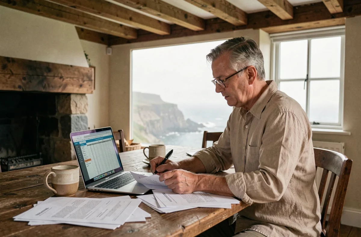 Propriétaire consultant des documents fiscaux et frais liés à une maison en bord de mer en Normandie, assis dans un intérieur normand traditionnel avec poutres apparentes