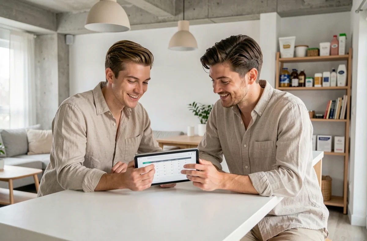 Couple de propriétaires bailleurs consultant un calendrier de réservations locatives sur tablette dans un appartement meublé moderne