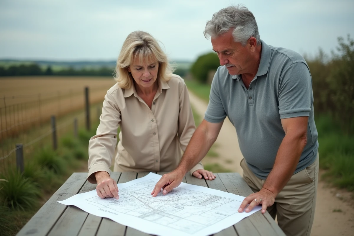 Deux propriétaires fonciers consultant un plan cadastral à la limite de leur terrain rural pour un bornage amiable
