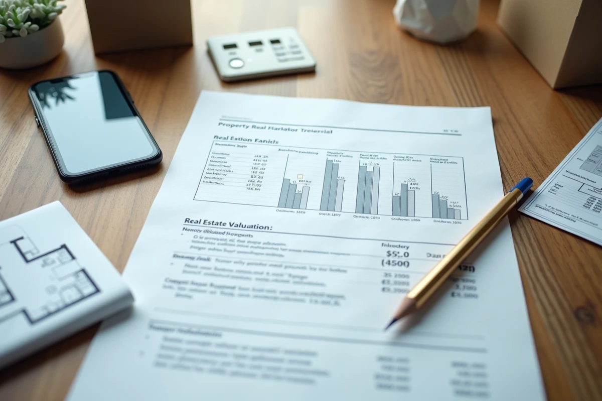 Vue de dessus d'un rapport d'estimation immobilière avec notes manuscrites et application mobile sur une table en bois