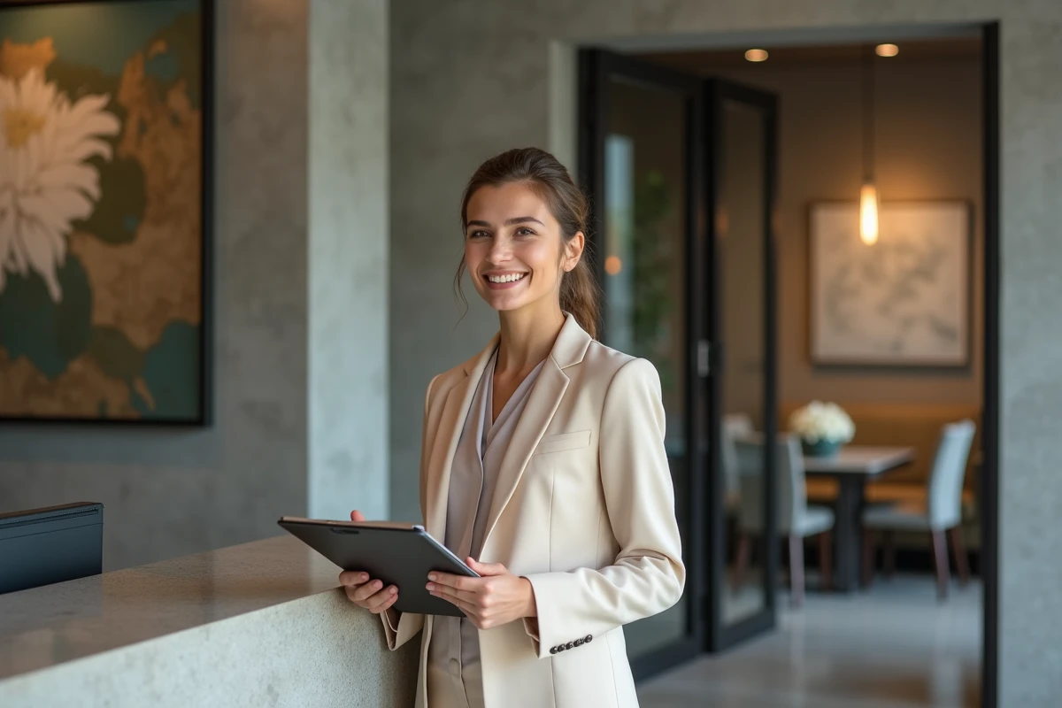 Jeune femme souriante à la réception d