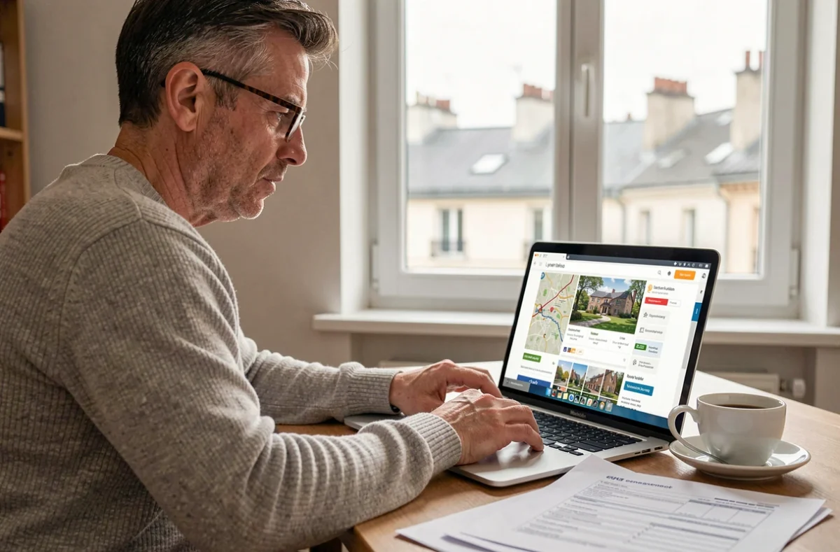 Homme recherchant un bien immobilier sur un site spécialisé depuis son domicile pour un achat sécurisé à Lyon