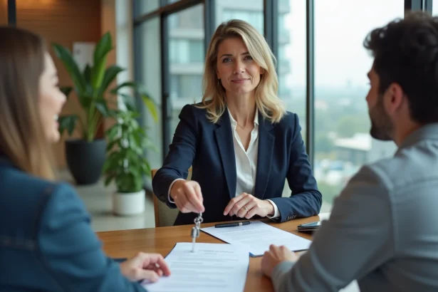 Agent immobilière remettant des clés à des clients après signature d'un document officiel dans une agence moderne