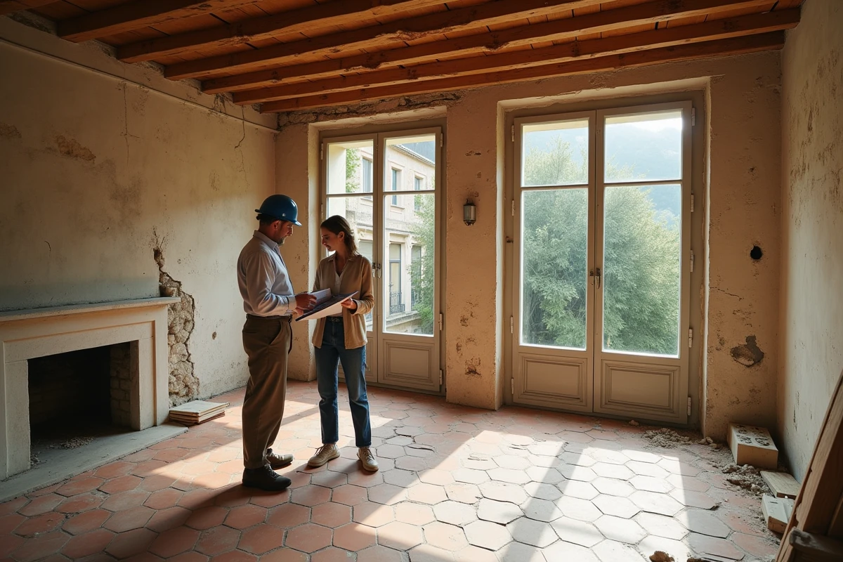Appartement en cours de rénovation dans le 3ème arrondissement de Marseille avec architecte et investisseur examinant les plans, illustrant le potentiel et les risques d'un achat immobilier dans ce quartier