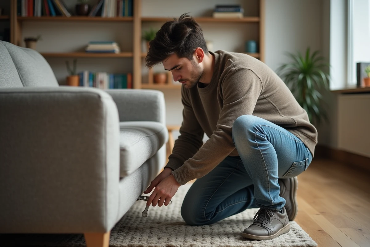 Jeune homme réparant un canapé avec une clé dans un appartement