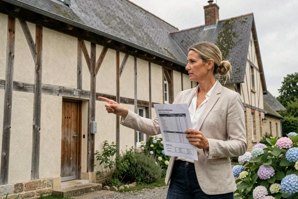 Femme examinant une maison normande à colombages en Seine-Maritime pour évaluer une offre de location
