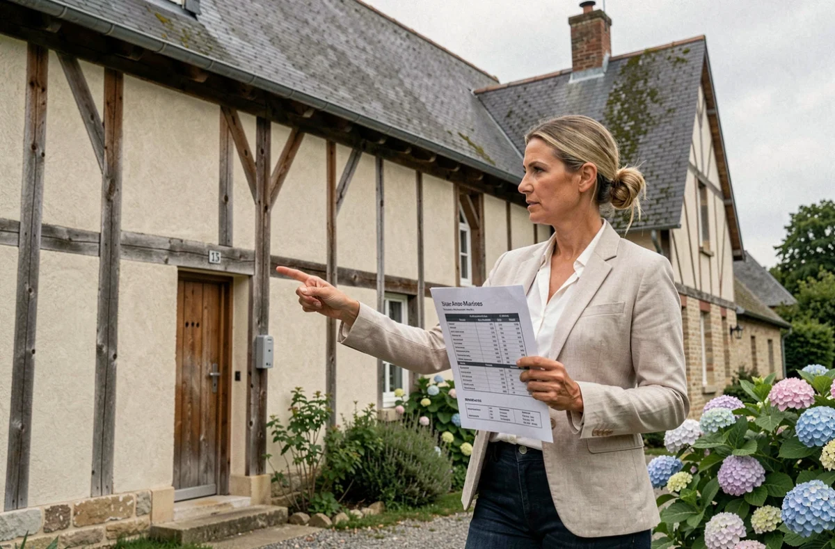 Femme examinant une maison normande à colombages en Seine-Maritime pour évaluer une offre de location
