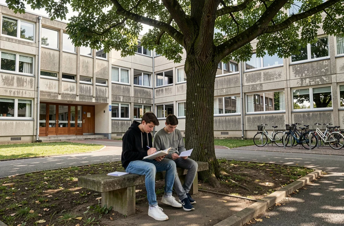 Cour extérieure de la résidence CROUS Bachelard sur la Cité Scientifique avec deux étudiants révisant