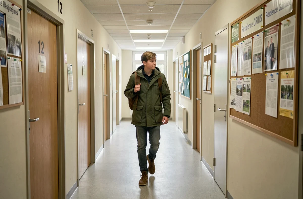 Couloir de la résidence CROUS Galilée à Lille avec un étudiant boursier se déplaçant dans le bâtiment
