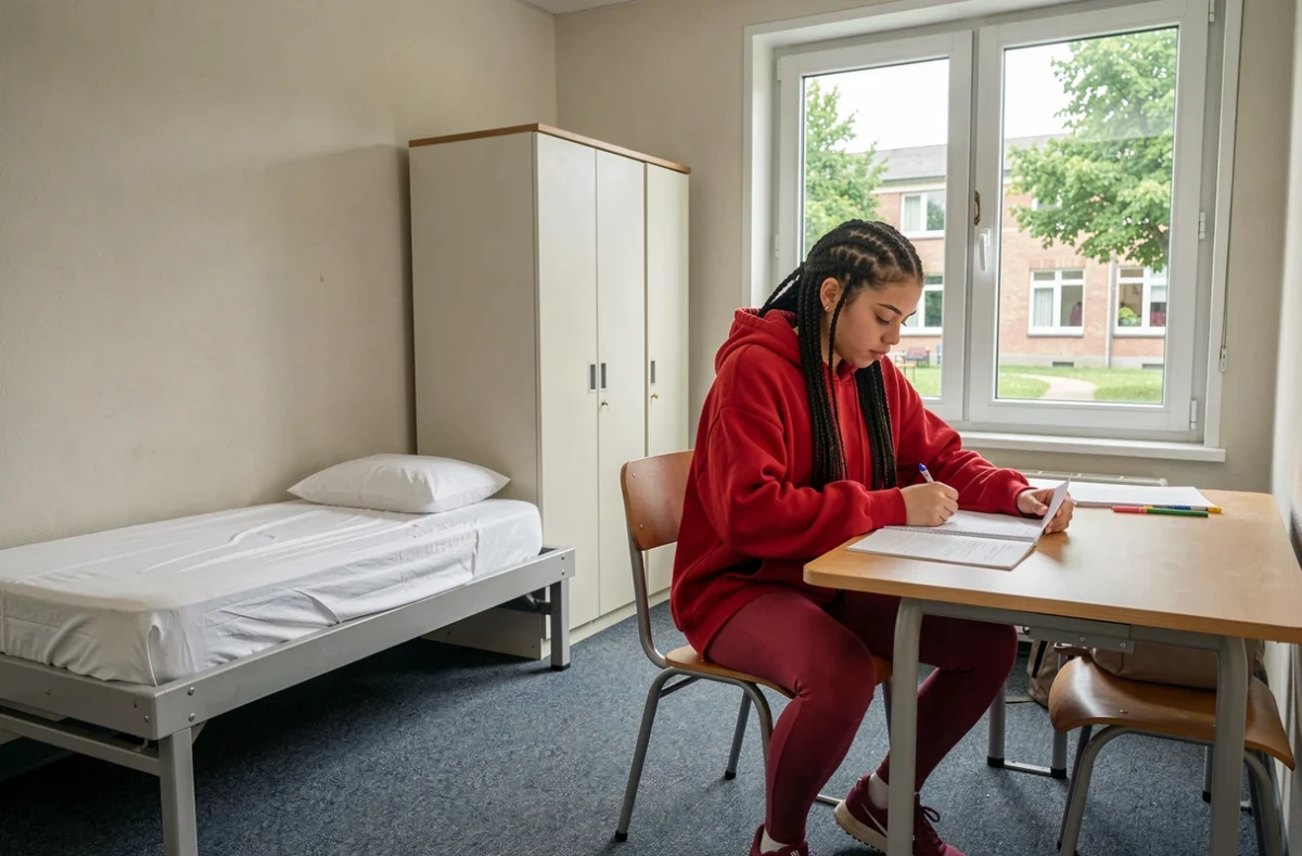 Chambre CROUS fonctionnelle de la résidence Hélène Boucher à Villeneuve-d'Ascq avec une étudiante révisant