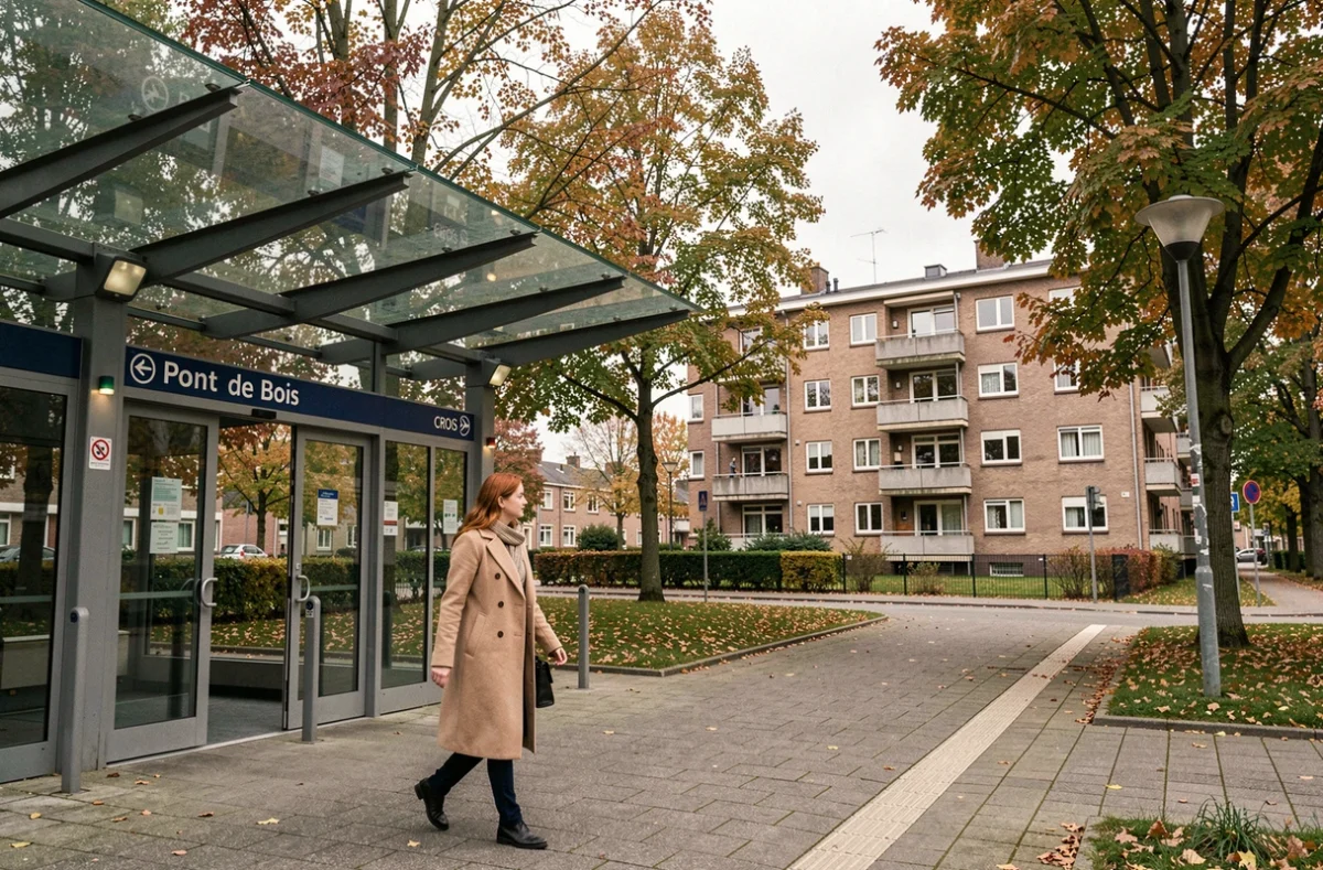 Étudiante se dirigeant vers la station de métro Pont de Bois à proximité de la résidence CROUS desservie par le métro