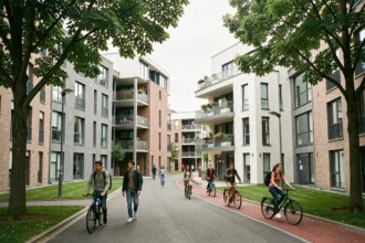 Vue d'ensemble d'un quartier étudiant dynamique dans le Nord de la France avec résidences modernes et étudiants en déplacement