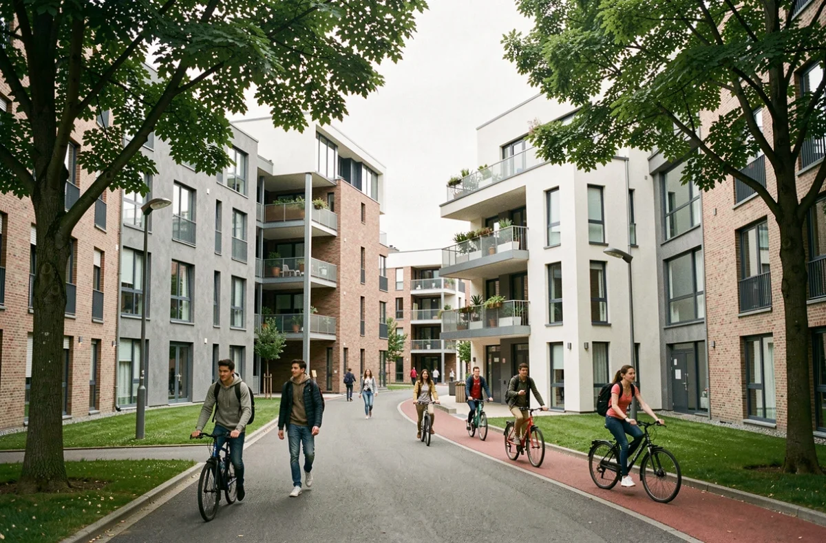 Vue d'ensemble d'un quartier étudiant dynamique dans le Nord de la France avec résidences modernes et étudiants en déplacement