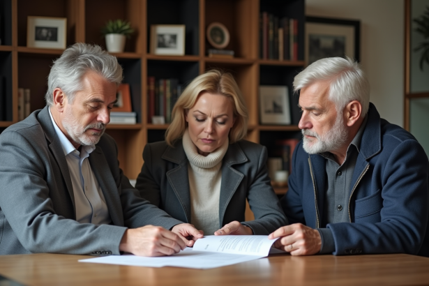 Trois adultes discutent de documents juridiques dans un salon moderne