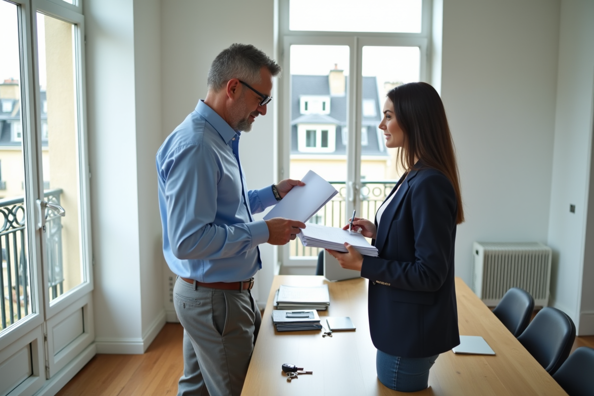 Homme et agente immobiliere dans un appartement parisien