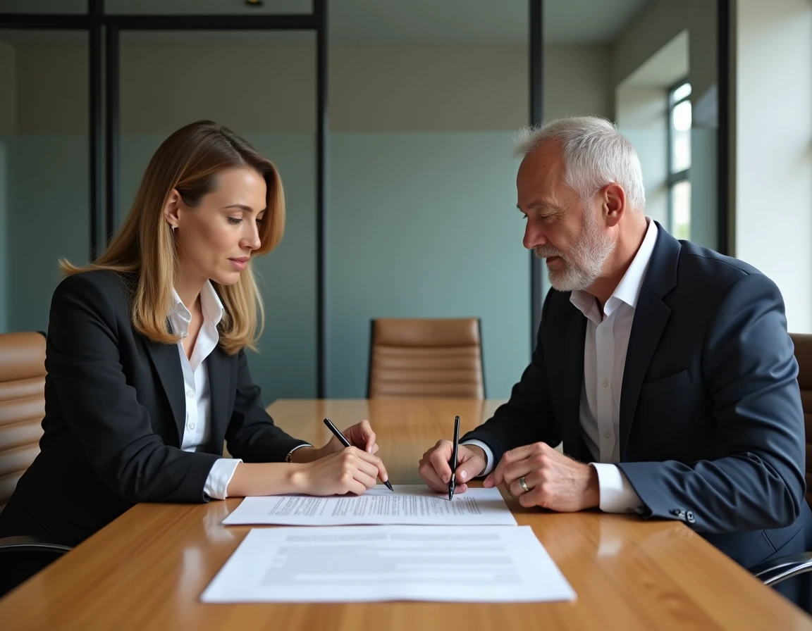 Deux professionnels de l'immobilier révisant ensemble un modèle pré état daté structuré en réunion