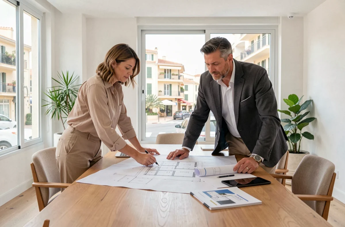Réunion de syndics de copropriété dans un bureau immobilier professionnel sur la Côte d'Azur, Cannes