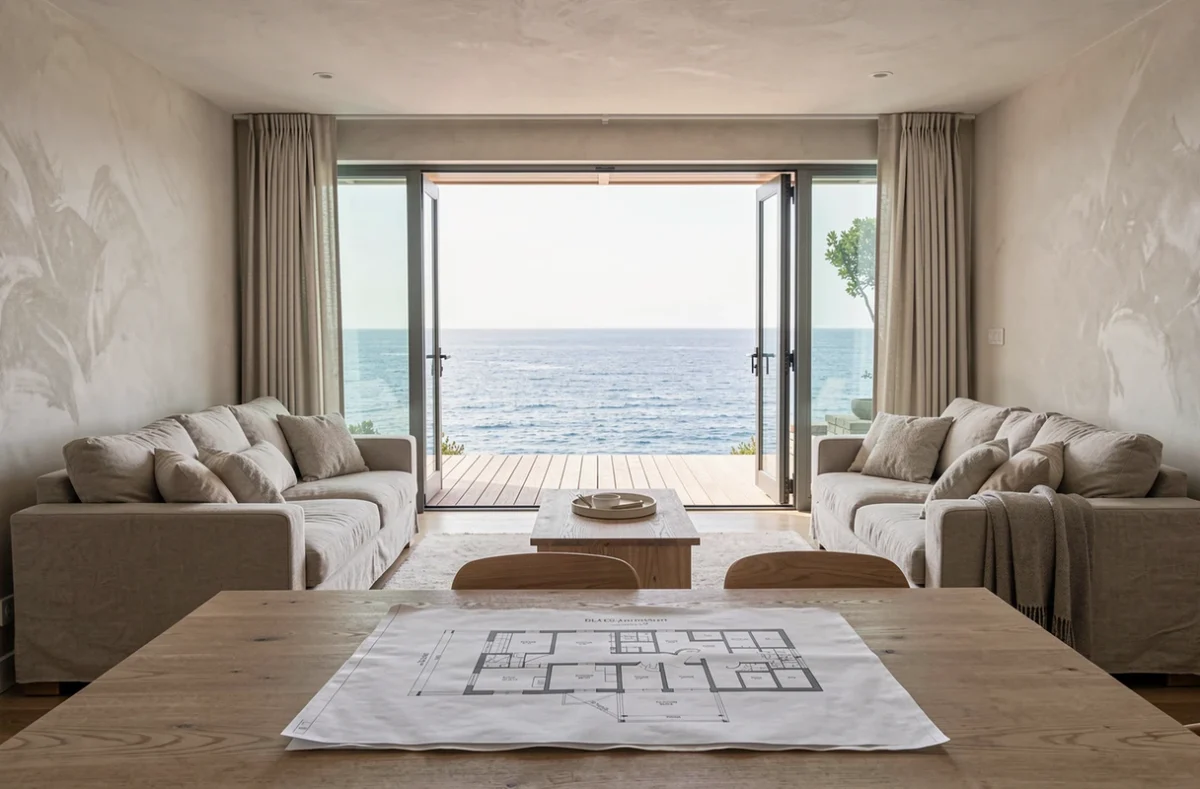 Salon lumineux avec baies vitrées et vue directe sur la mer, intérieur design d'une maison côtière haut de gamme avec plan architectural
