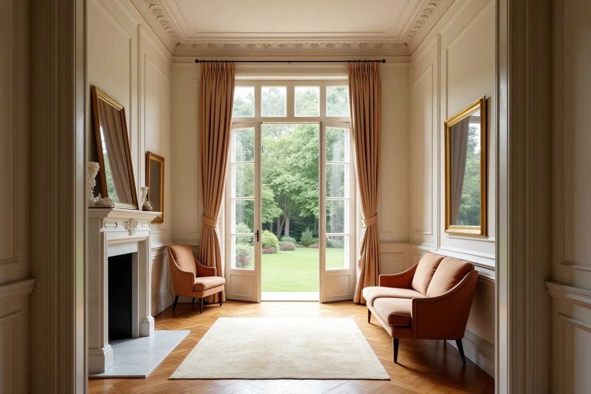 Salon de réception raffiné avec parquet en chevrons, cheminée en marbre et vue sur jardin dans une maison de prestige