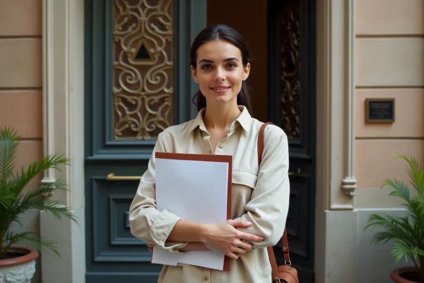 Femme consultant un contrat de location devant l'entrée d'un appartement à Barcelone